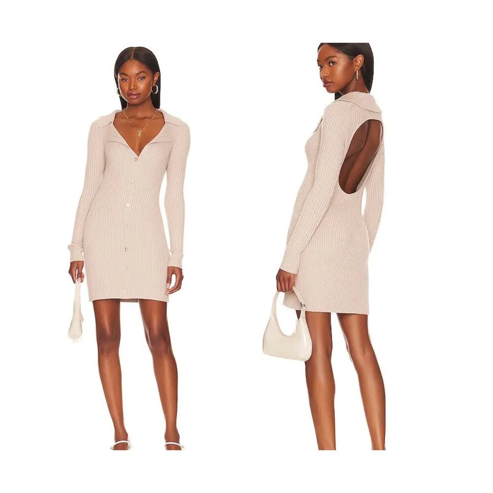 LPA Naolin Taupe Rib Knit Open Back Collared Bodycon Mini Dress Size Medium